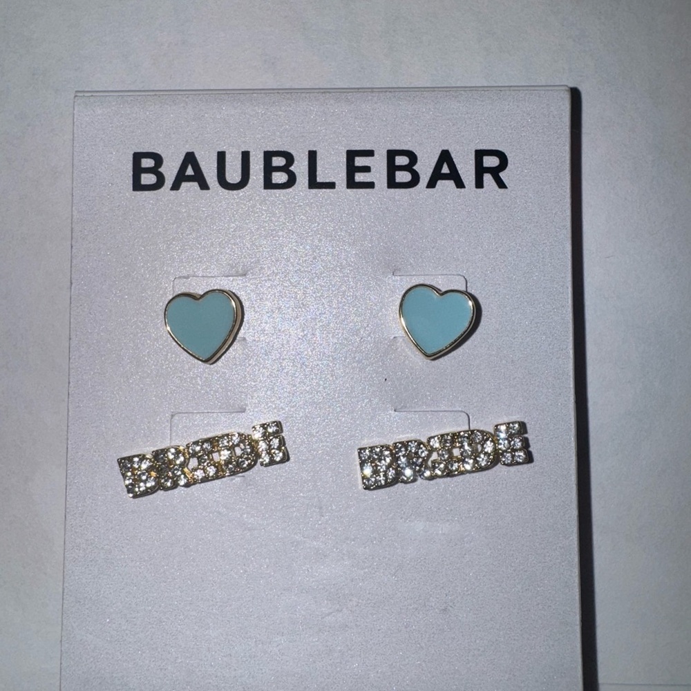 BaubleBar Blue and Gold Earrings Heart and Bar Design